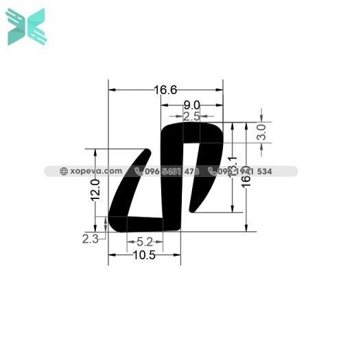 Gioăng cao su EPDM cho kính chữ S - 16x10.5x2.3