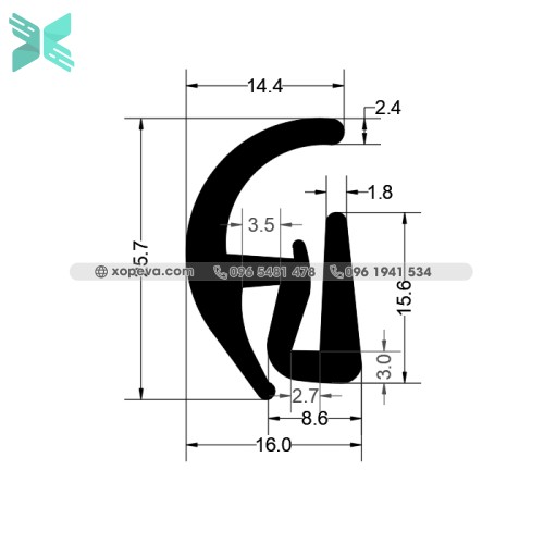 Gioăng cao su EPDM cho kính chữ S - 25.7x16x3